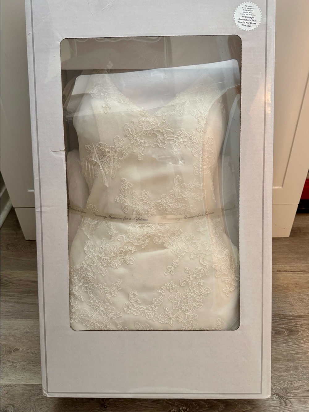 White by Vera Wang A Line Dress with Lace Overlay Style VW351021